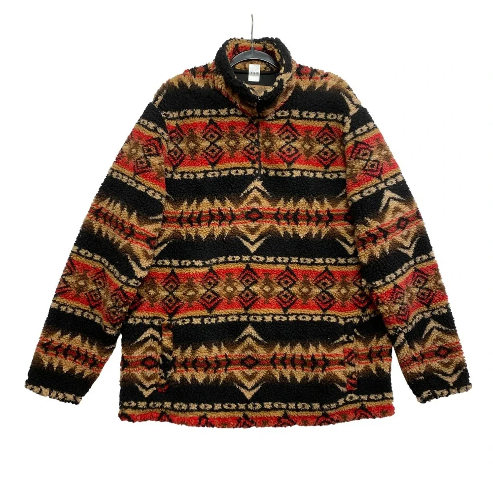 Wrangler Jacket Mens L Black Red Southwestern Aztec Quarter Zip Sherpa Fleece